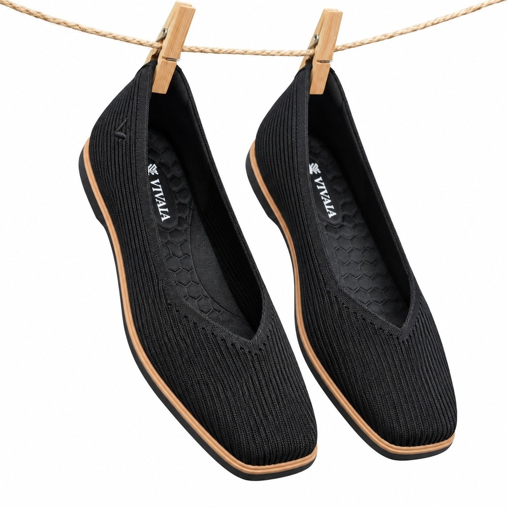 Vivaia Flats Shoes Ballet 40 US 9 Margot 2.0 Black Ribbed Knit Square Toe